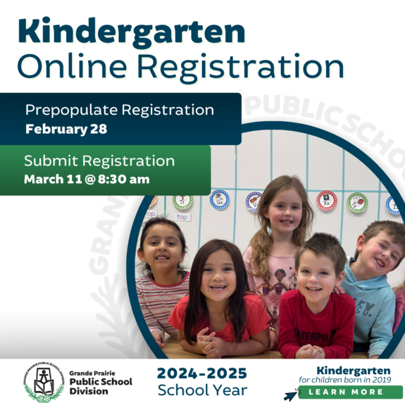 Children smiling at camera. Text kindergarten Registration start registration Feb 28 and submit forms march 11